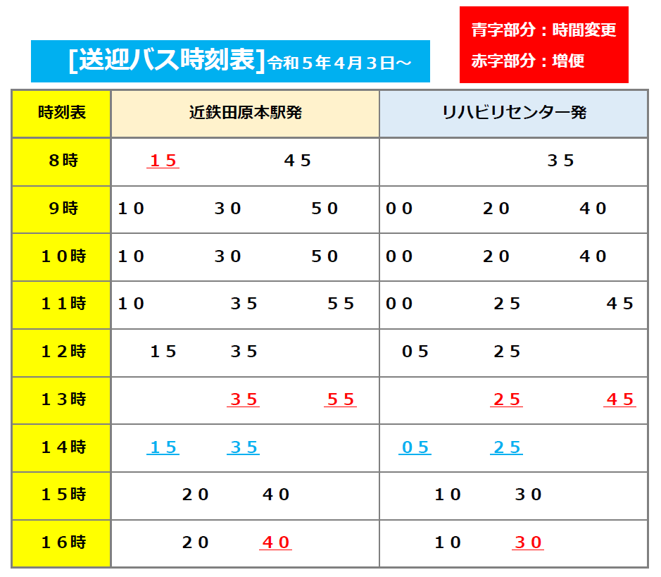 リハビリテーションセンター無料送迎バス時刻表